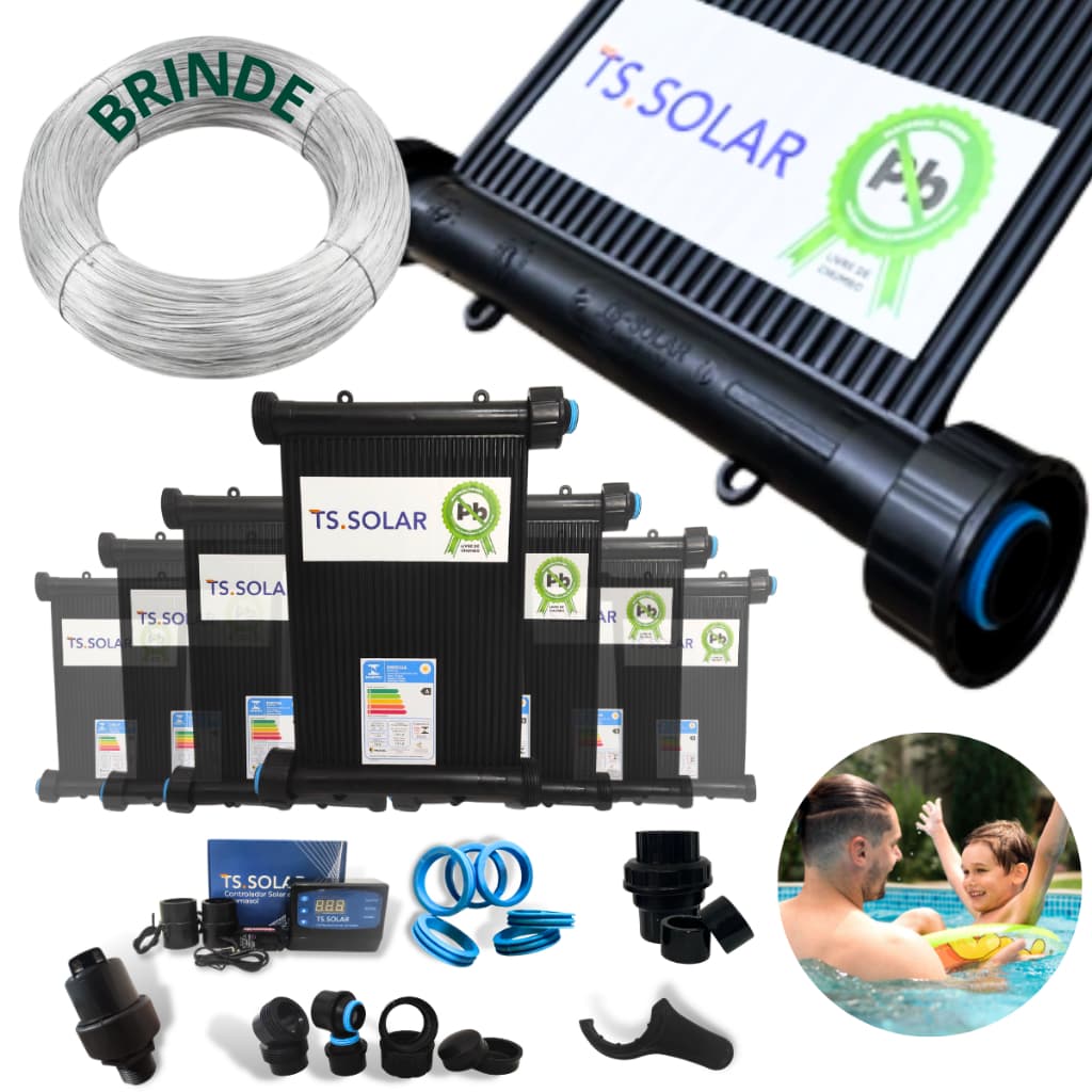Aquecedor Solar Piscina TS Solar 6 Placas 3m + Controlador + Quebra-Vácuo + Retenção