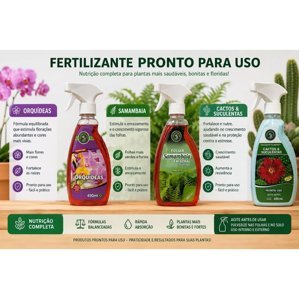 FERTILIZANTE PRONTO PRA USO KIT 3 UNIDADES SAMAMBAIA , CACTOS E SUCULENTAS E ORQUÍDEAS MATO VERDE