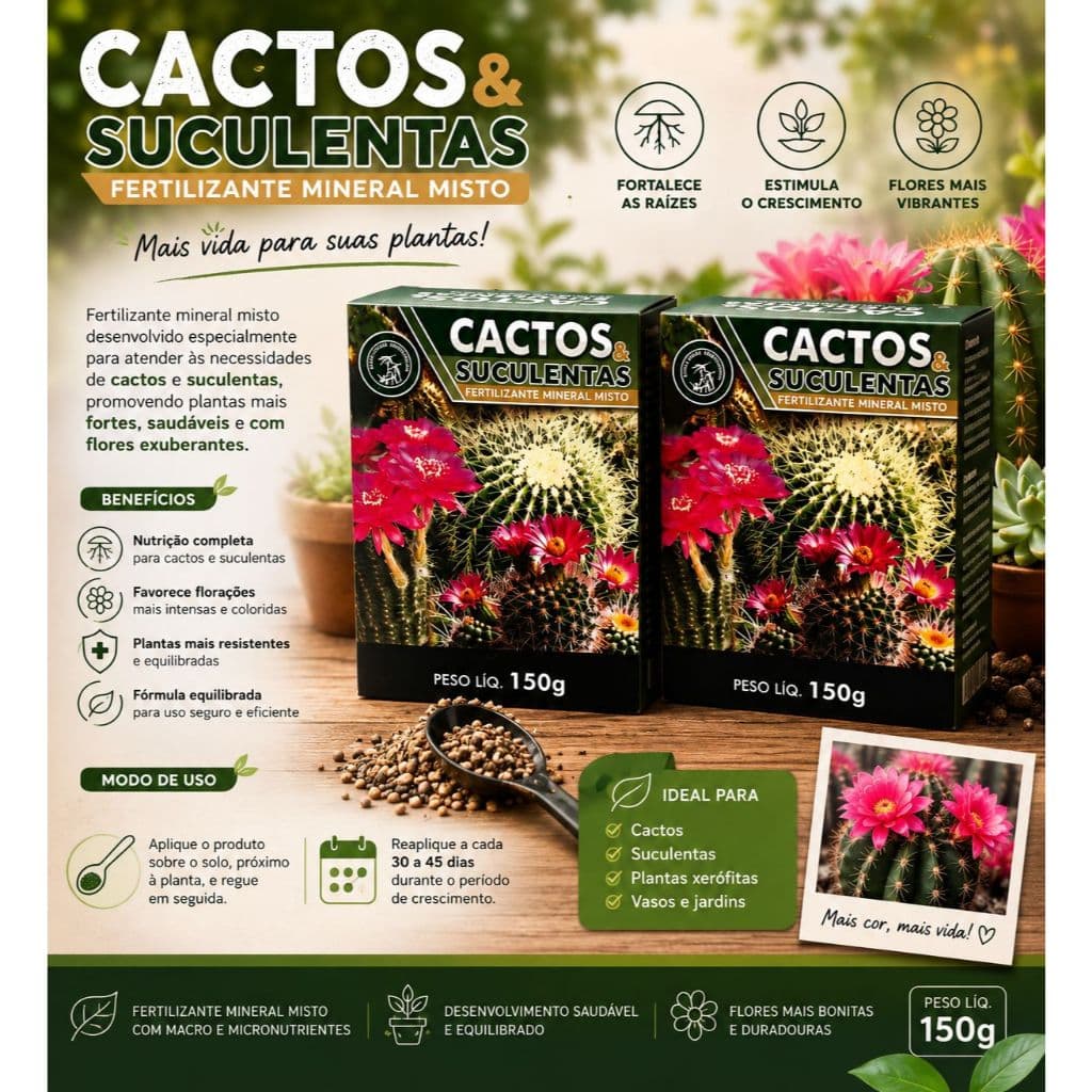 ADUBO E FERTILIZANTE CACTOS E SUCULENTAS KIT COM 2 UNIDADES PRODUTO MATO VERDE JARDINAGEM