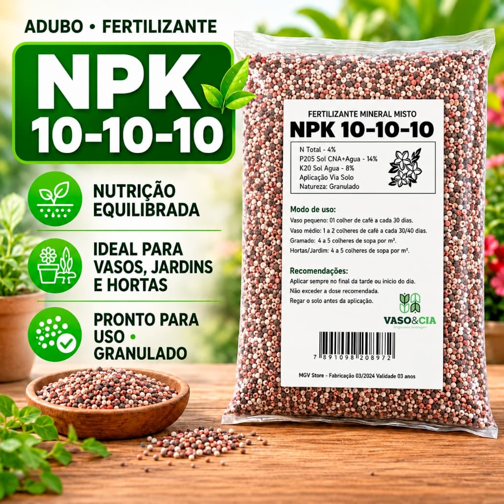 Adubo Fertilizante NPK 10-10-10 granulado para plantas, flores, rosas e orquídeas em embalagem transparente com rótulo branco, ideal para vasos, jardins e hortas.