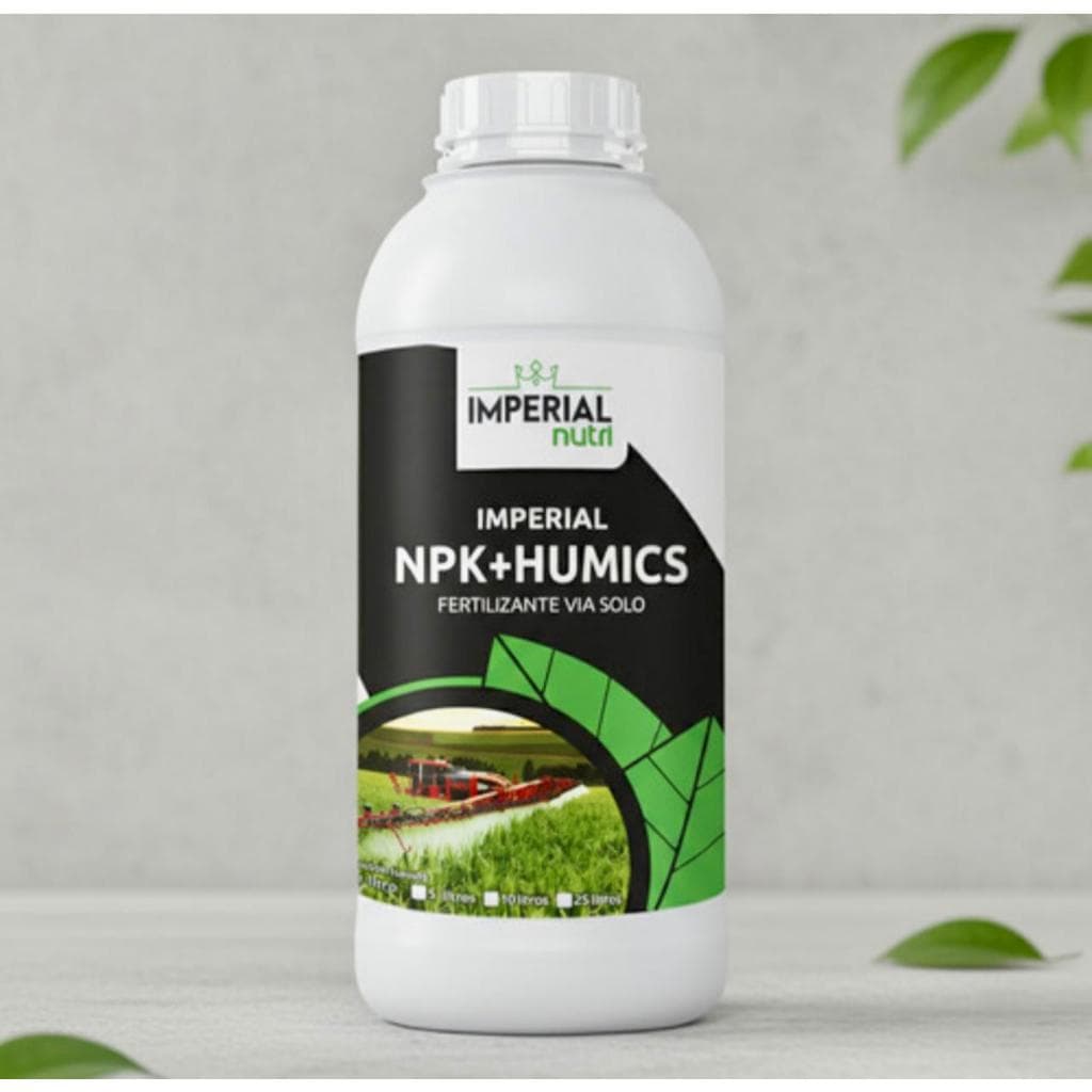 Frasco de fertilizante NPK+Humics Imperial 1 litro com rótulo preto e verde