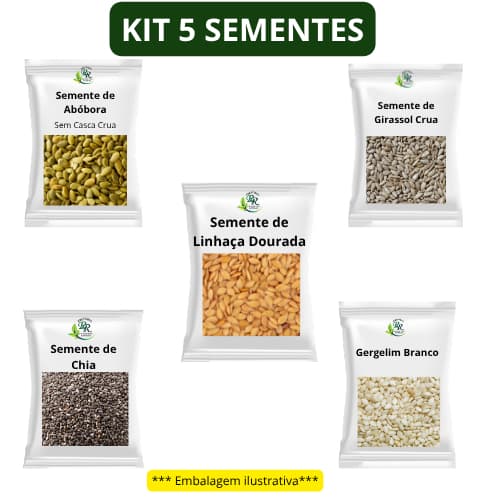 Kit 5 Sementes Semente de Abobora Semente de Girassol Chia Linhaça dourada Gergelim Branco)