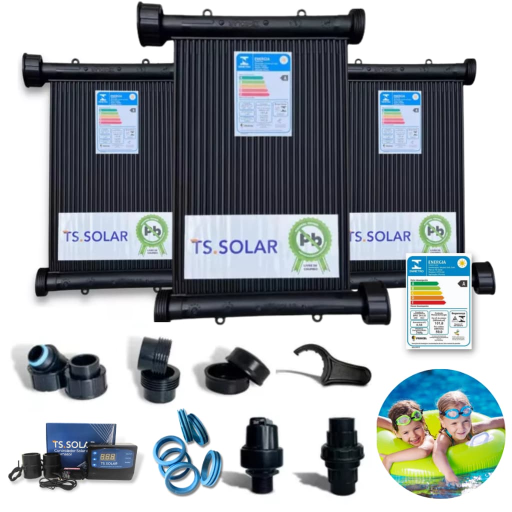 Kit Aquecedor Solar Piscina 3 Placas 3m TS Solar com Kit Fechamento e Controlador Digital