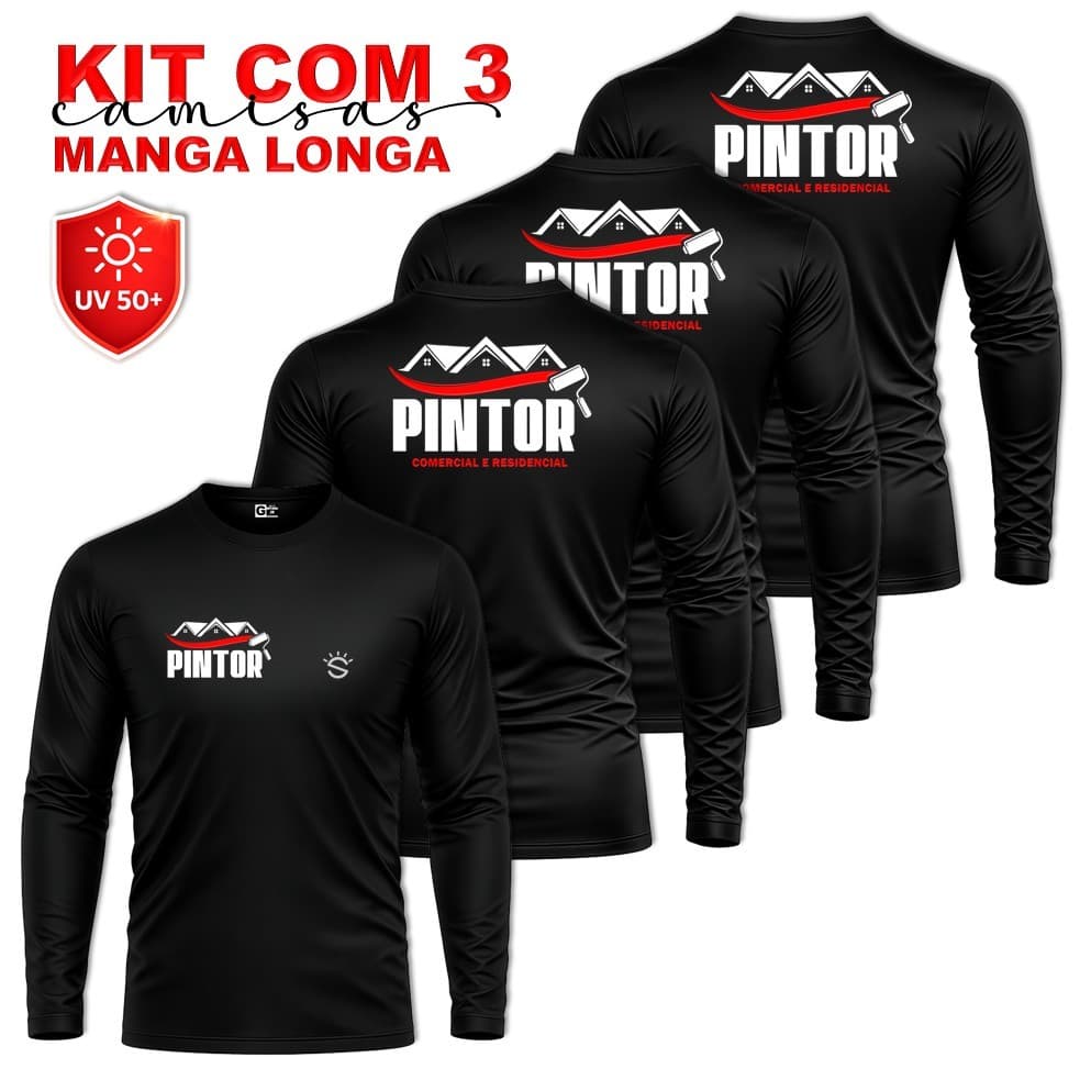 Kit 3 Camisas Masculinas Manga Longa PINTOR Comercial ou Residencial Proteção Solar UV50+ Uniforme