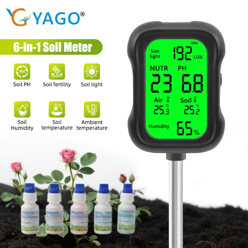 Testador De Solo YAGO 6 Em 1 PH/Fertilidade/Temperatura/Umidade/Intensidade Da Luz Sondas De Alta Precisão 90 ° Tela Gir