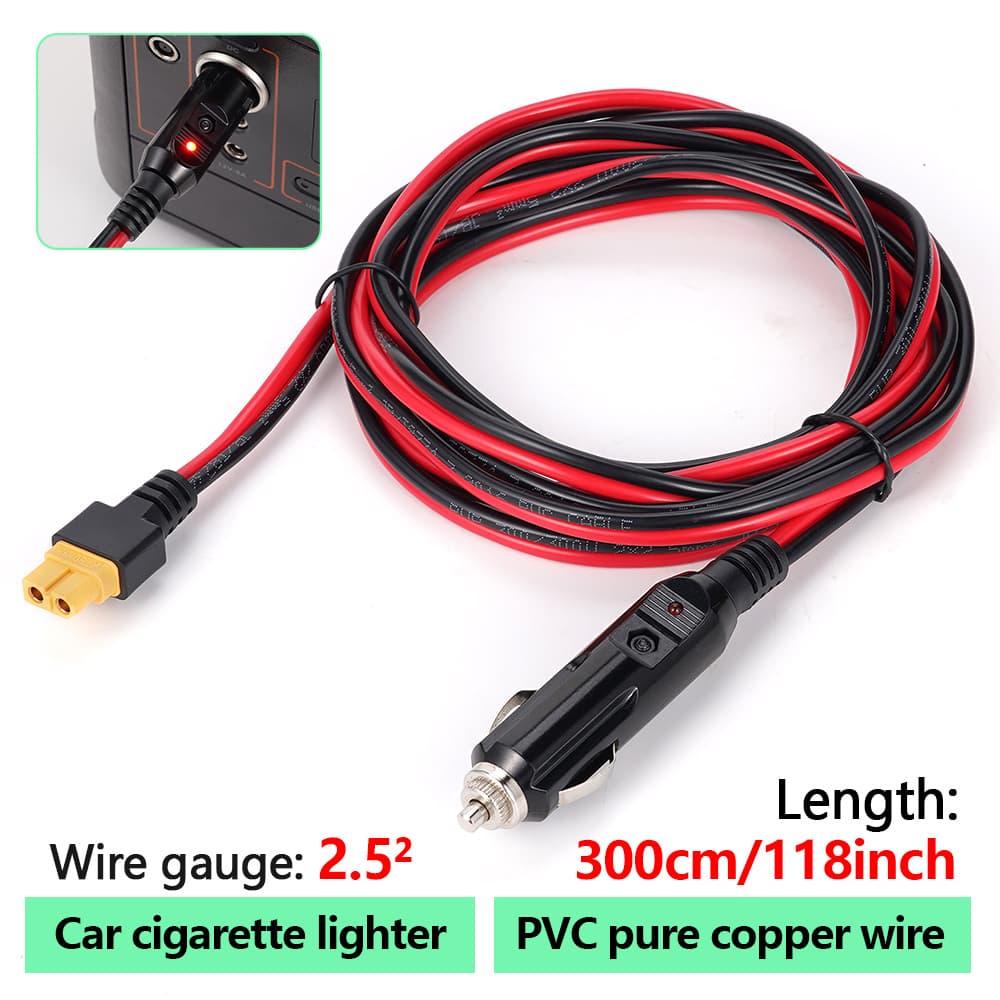 Cabo de Extensão XT60 3M com Plugue Isqueiro 10FT 14AWG para Carregador de Carro e Adaptador Solar