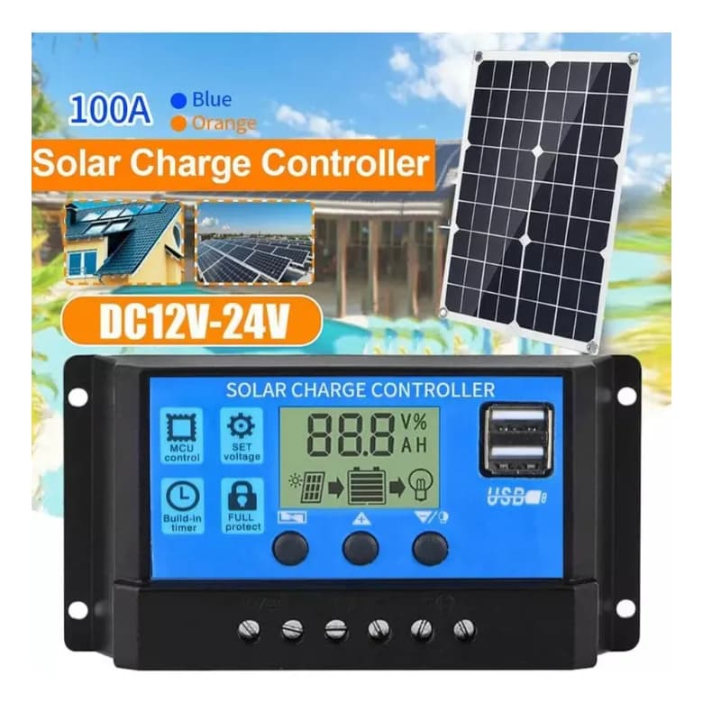 Controlador De Carga Solar 100A , Painel , Bateria , Regulador Inteligente , Multifuncional Com Porta USB Dupla LCD