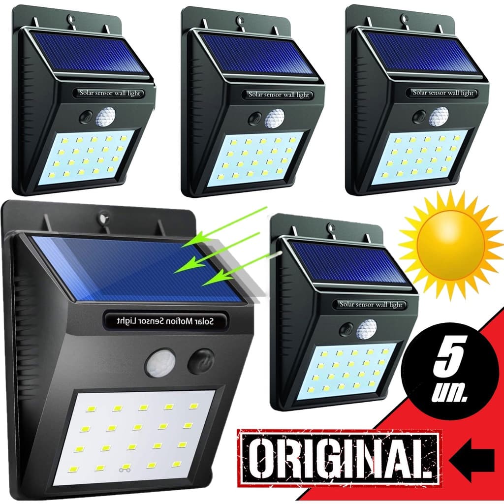 Kit com 5 Luminária Solar Externa Iluminação Luz Muro Parede Arandela Sensor de Presença Automático Refletor Residencial