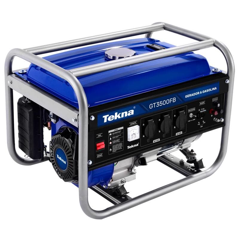 Gerador de energia Tekna GT3500FB, azul e preto, com aro metálico prateado, logotipo Tekna, texto 'GERADOR A GASOLINA', botões e interruptores, fundo branco, ângulo frontal.