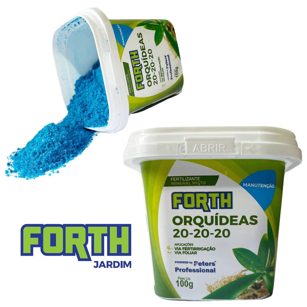 Fertilizante FORTH Orquídeas Manutenção 20.20.20 Foliar NPK em recipiente verde e branco