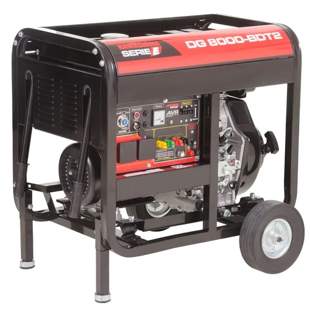 Gerador a diesel Kawashima DG-8000-BDT2, com partida elétrica, painel de controle e motor visíveis, cor preta e vermelha.