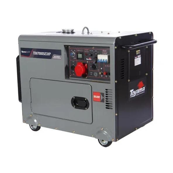 Gerador Diesel Toyama 6,5KVA Trifásico 380V com ATS Elétrico TDG7000SE3XP, cinza e preto, com painel de controle e botão vermelho.