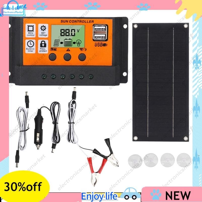 Kit de painel solar 600W com controlador de carga 100A 18V, com painel solar preto e controlador laranja e preto, cabos e acessórios incluídos.