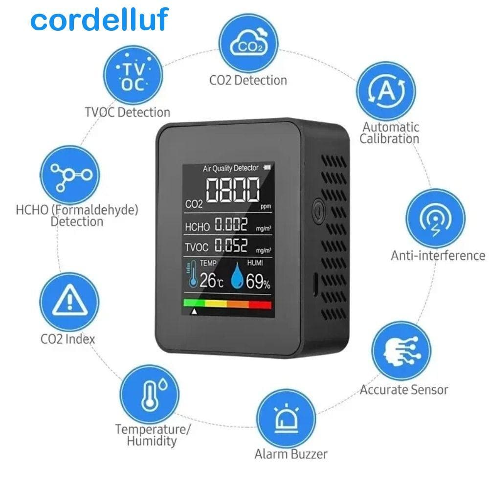 Monitor De Qualidade Do Ar CORDELLUF , Detector De CO2 De Temperatura 5 Em 1 , Testador De Umidade LCD TVOC Medidor
