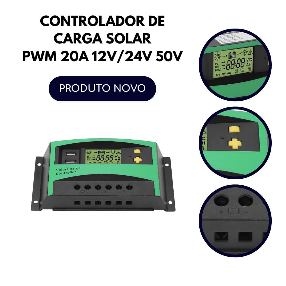 CONTROLADOR DE CARGA SOLAR  PWM 20A 12V/24V 50V