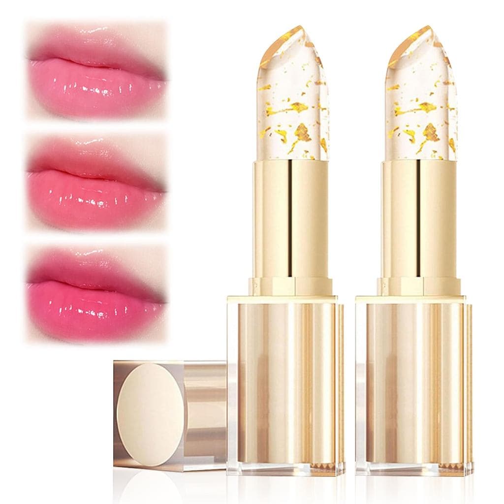 2PCS Batom Transferproof que Muda de Cor, Batom Ph de Cristal Dourado que Muda de Cor, Batom Transparente que Muda de Co