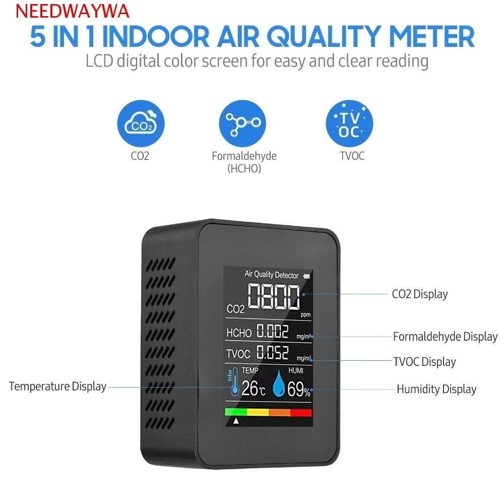 NEEDWAYWA Detector De CO2 , Temperatura 5 Em 1 Monitor De Qualidade Do Ar , Testador De Umidade LCD TVOC Medidor