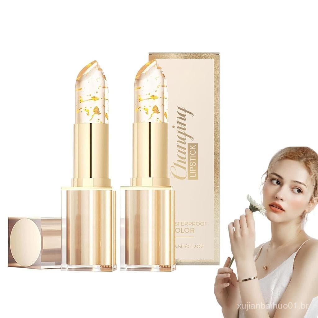 Batom que muda de cor, à prova de transferência, batom que muda de cor com cristal dourado, batom que muda de cor de lon