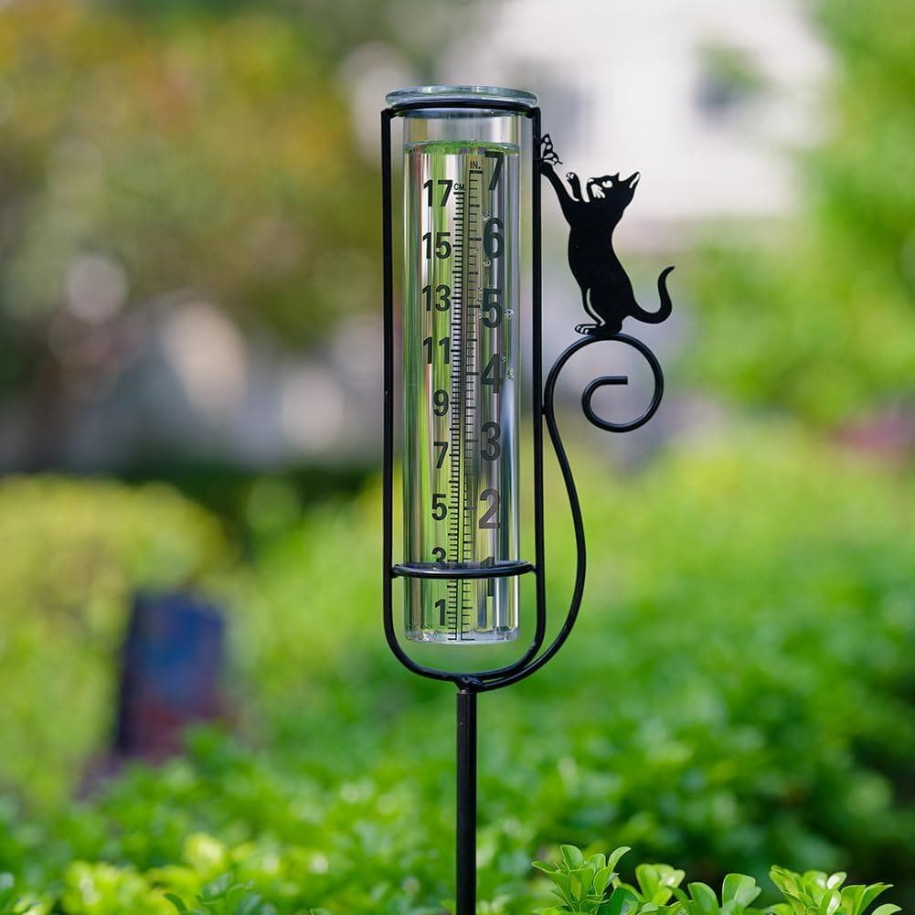 Pluviômetro, Pluviômetro em Forma de Gato para Exterior, Medidor de Chuva com Estaca de Metal para Decoração de Jardim, 