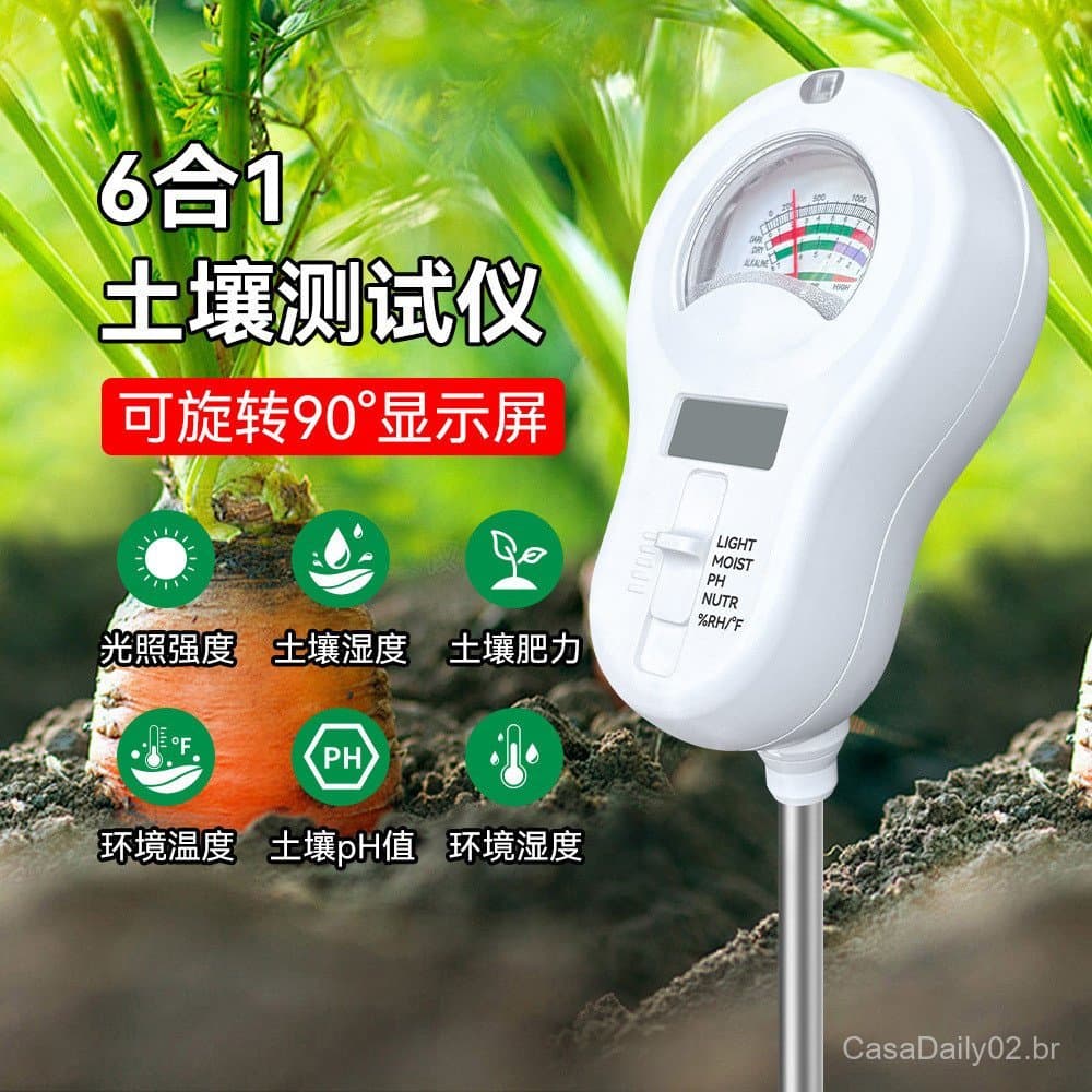 Testador de solo seis em um, dispositivo de teste de solo, medidor de luz, temperatura, umidade do solo e valor de pH KW