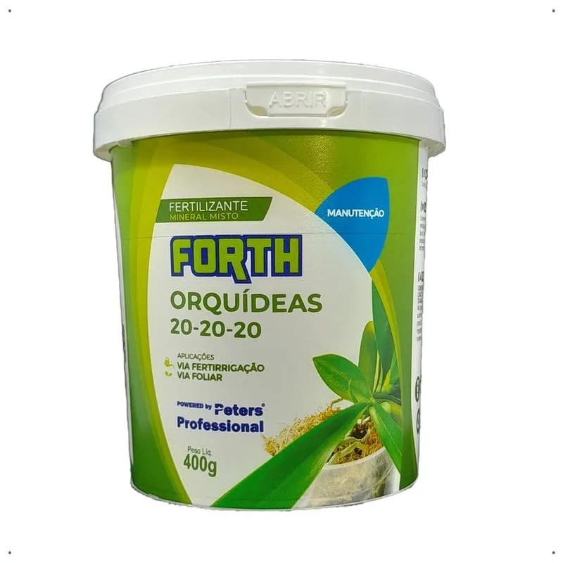 Fertilizante Forth Orquídeas Manutenção NPK 20-20-20 Balde 400g em fundo branco