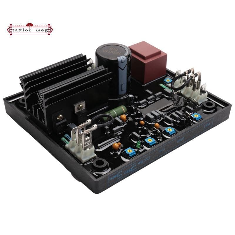 Regulador de tensão automático AVR R438, circuito eletrônico com capacitores e diodos, preto com detalhes em azul e verde