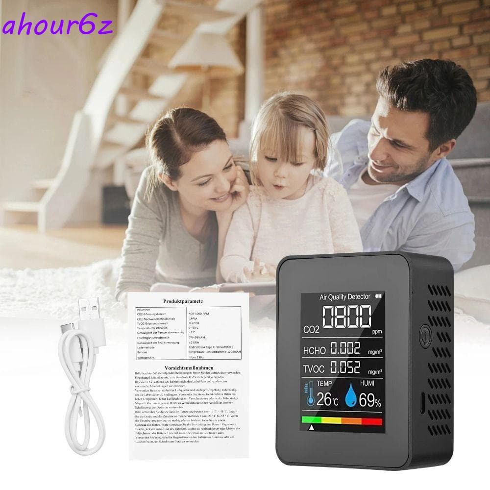 Detector De CO2 AHOURZ , Testador De Umidade 5 Em 1 Monitor De Qualidade Do Ar , Medidor De TVOC De Temperatura LCD