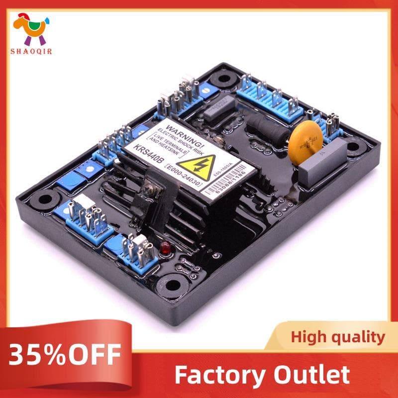 Novo AVR KRS440 Regulador de Tensão Automático para Gerador, com placa de advertência, em fundo branco com oferta de 35% de desconto.