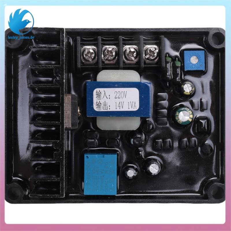 Regulador de tensão AVR para gerador GB160, parte interna com componentes eletrônicos e etiquetas técnicas em chinês.