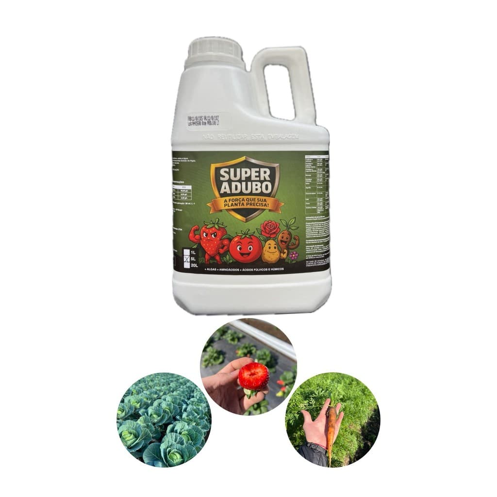 Galão de adubo foliar Super Adubo com rótulo verde e branco
