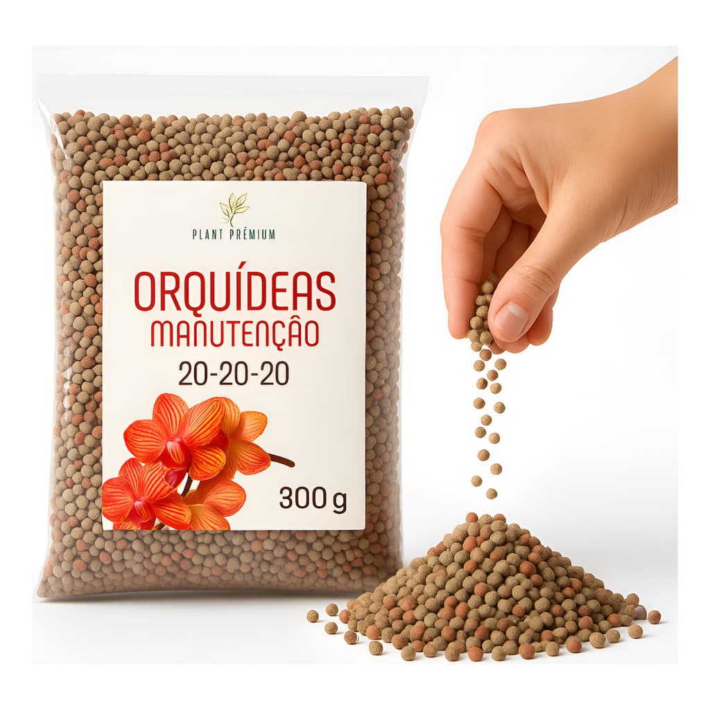 Fertilizante para orquídeas 20-20-20, 300g, grânulos marrom-avermelhados, saco transparente, Plant Premium