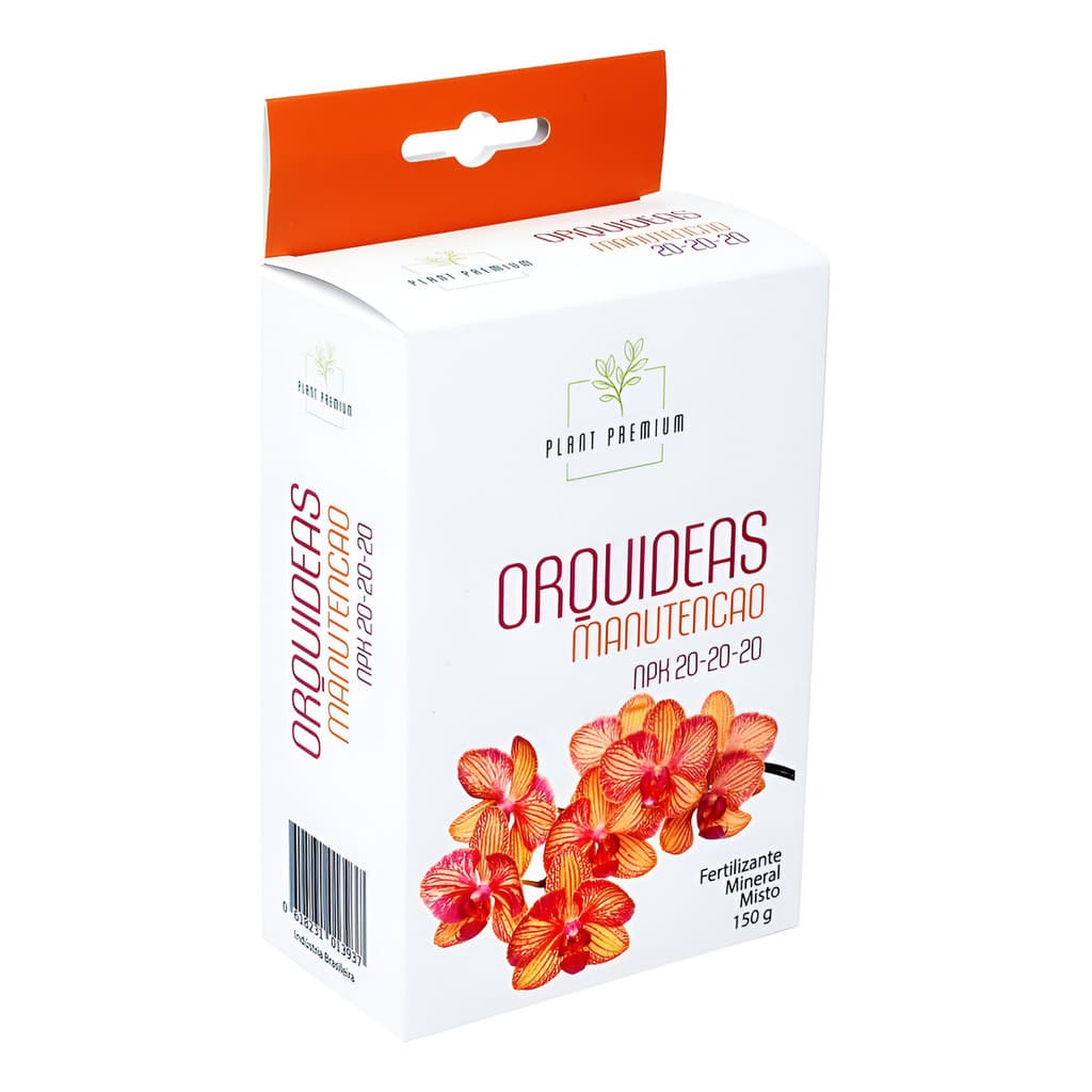 Fertilizante NPK 20-20-20 Orquídeas 150g Plant Premium - Embalagem branca com orquídeas