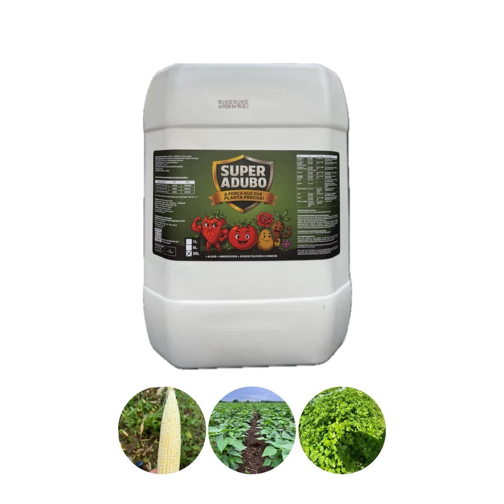 Fertilizante foliar Super Adubo, garrafa branca com rótulo verde, informações nutricionais visíveis.