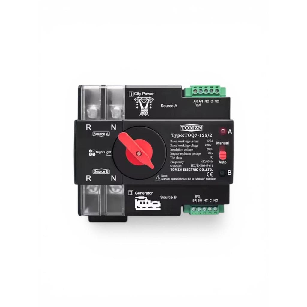 Chave ATS automática TOQ7-2P 100A 220v 8kv para rede/gerador em fundo branco