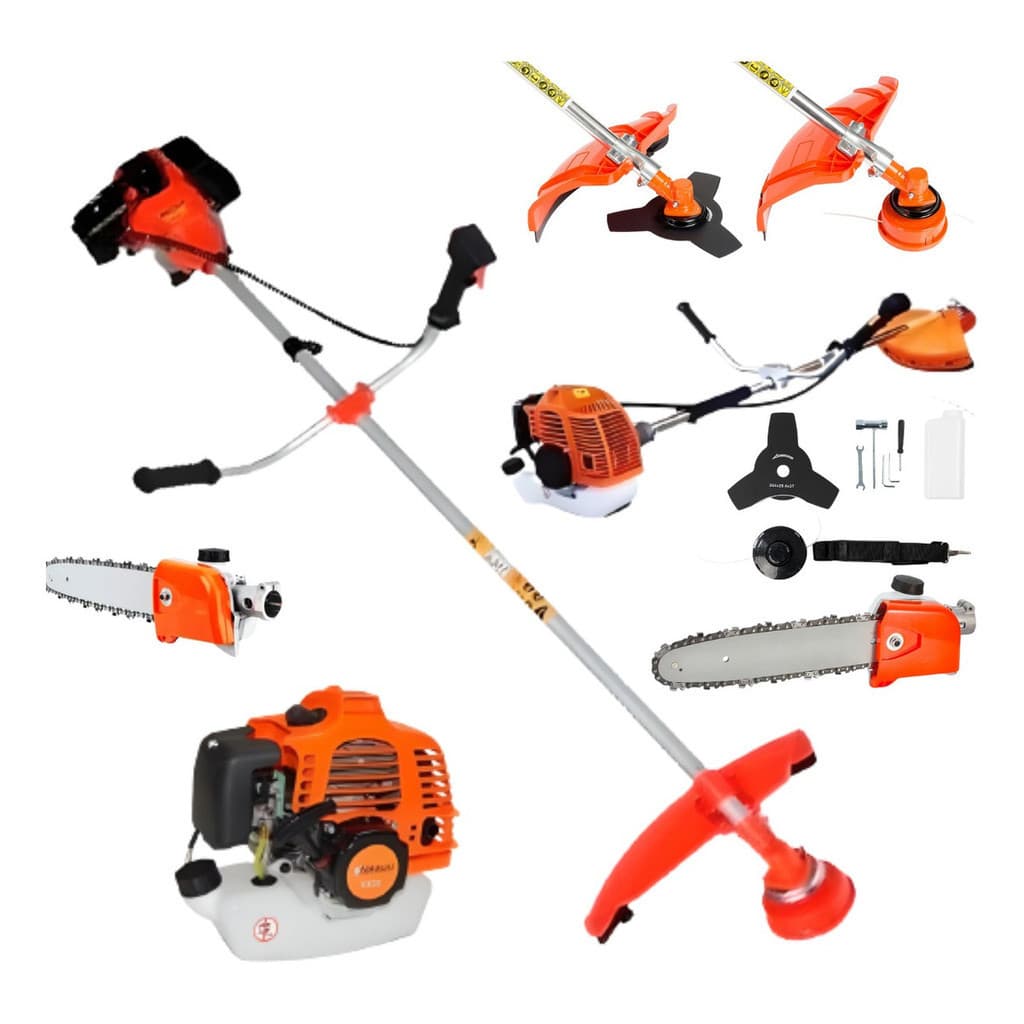 Kit de ferramentas de jardinagem com roçadeira, motopoda e acessórios, cor laranja e preto