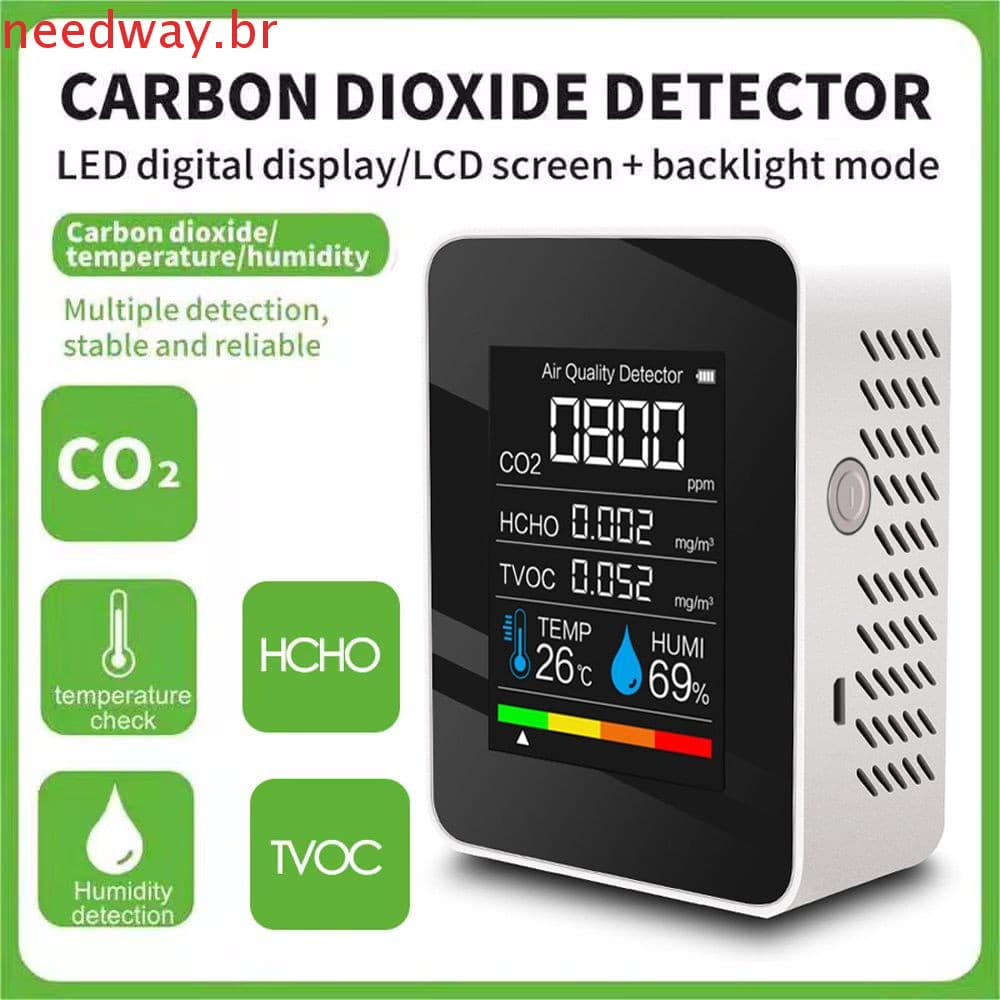 Monitor De Qualidade Do Ar NEEDWAYB , Detector De CO2 LCD Testador De Umidade , Medidor De TVOC De Temperatura 5 Em 1