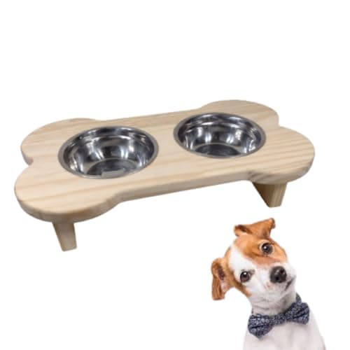 Genérico Comedouro Elevado para Cachorro, Natural, Madeira, Base Elevada com 2 Tigelas de Aço Inox, Moderno, 38x22x10 cm