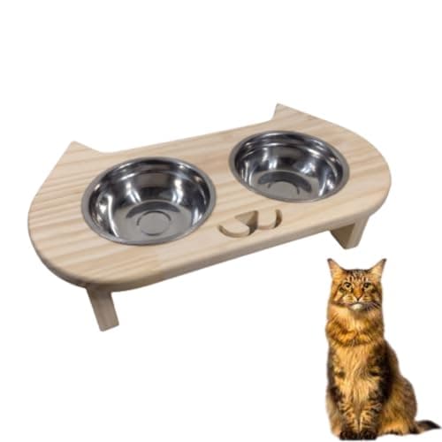Genérico Comedouro Elevado para Gatos, 2 Tigelas em Aço Inox, Base em Madeira, Tamanho Pequeno, Alimentação e Água