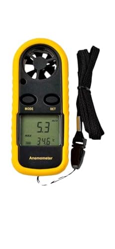 Anemômetro Digital Portátil com LCD, Medidor de Velocidade do Vento e Temperatura, Amarelo e Preto