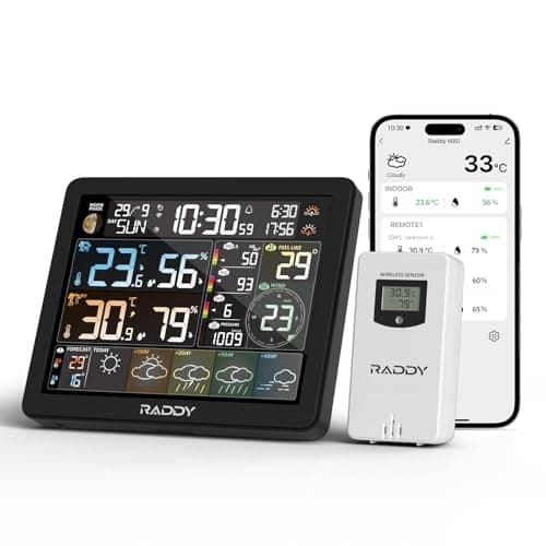 Raddy Estação Meteorológica Inteligente N80 com Wi-Fi E Controle Aplicativo, Termômetro Interno E Externo Sem Fio com Tela Grande de 8", Horário do Nascer E Pôr do Sol, Pm2.5/Aqi, Índice Uv, 4 Alarmes