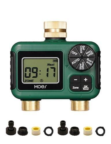 MOES Temporizador de irrigação de 2 saídas, entrada e saída de latão, controlador de irrigação automático programável, atraso de chuva, rega manual, temporizador de mangueira de água de 2 zonas para