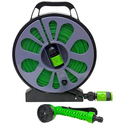 Mangueira Jardim 15 Metros com Enrolador Portátil Pistola 7 Jatos Carretel Dobrável Irrigação Limpeza PVC Resistente Alça Ergonômica Sistema Pulverização e Rega