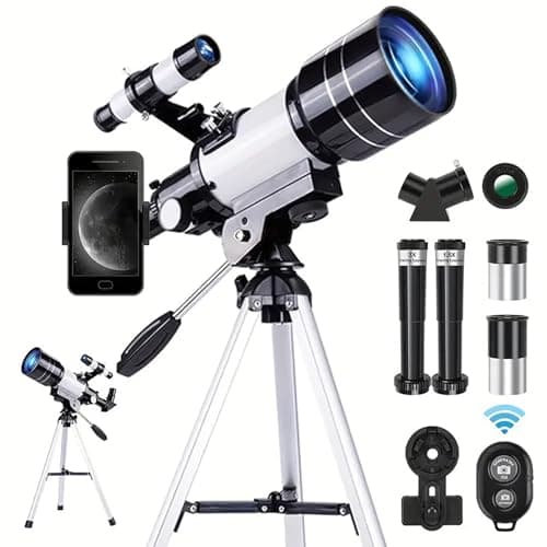 Telescópio astronômico astronômico 150X de alta potência, portátil com abertura de 70 mm (refrator HD, tripé, adaptador de telefone e controle remoto sem fio) ideal para observação de estrelas e
