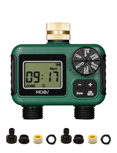 MOES Temporizador de irrigação de 2 saídas, entrada de latão, controlador de irrigação automático programável, atraso de chuva, rega manual, temporizador de mangueira de água de 2 zonas para jardins