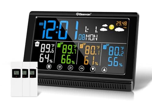 Geevon Estação Meteorológica Sem Fio com Termômetro Interno E Externo, 3 Sensores, Visor Colorido, Monitor Digital Temperatura E Umidade com Barômetro, Calendário, Carregamento Usb E Luz Fundo