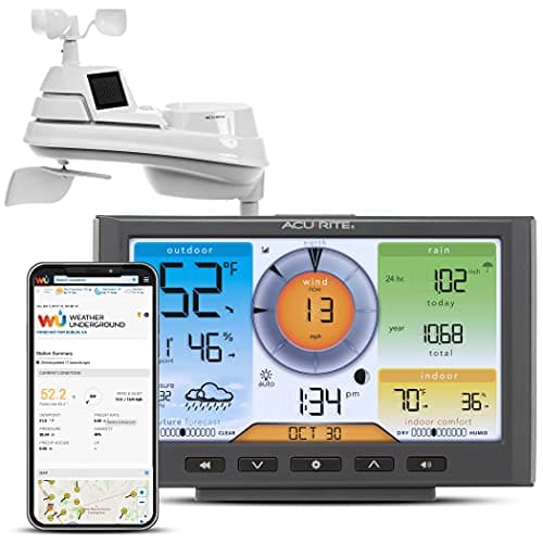 AcuRite Estação meteorológica Iris (5 em 1) com conexão Wi-Fi ao clima subterrâneo com temperatura, umidade, velocidade/direção do vento e chuva (01540 m), preta
