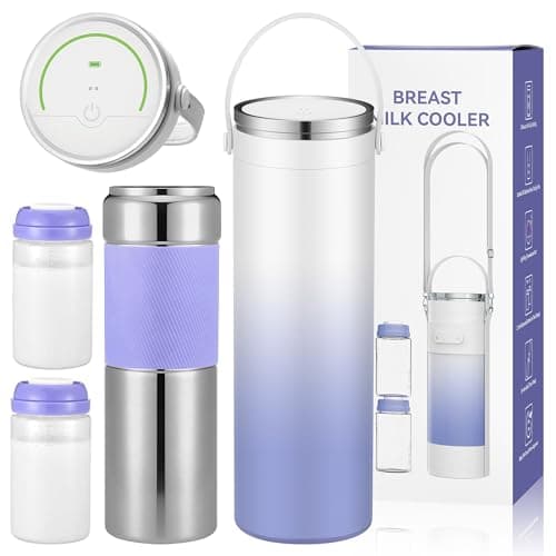 Refrigerador portátil de leite materno CapyBud, aço inoxidável, azul e púrpura, interface digital, compartimento principal, frascos de armazenamento, embalagem com texto 'BREAST MILK COOLER'