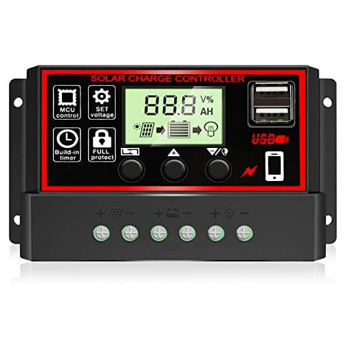 [2020 atualizado] Controlador de carga solar 30A, regulador inteligente de bateria de painel solar preto com porta USB dupla 12V/24V PWM Parâmetros automáticos visor LCD ajustável