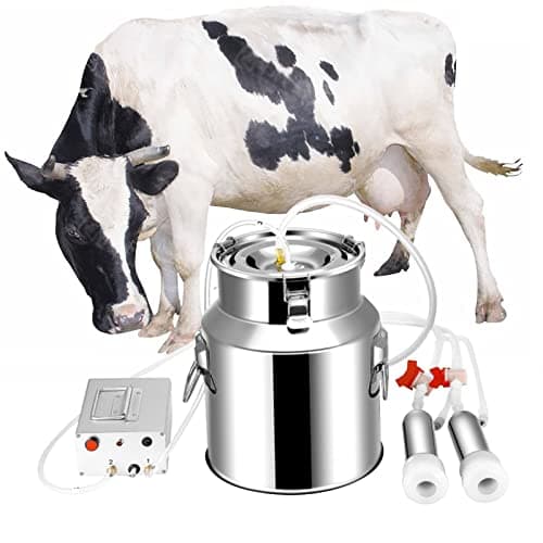 Ordenhadeira pulsante 14L para vacas e cabras com balde de aço inoxidável, parada automática de leite, suporta ordenha unilateral e bilateral
