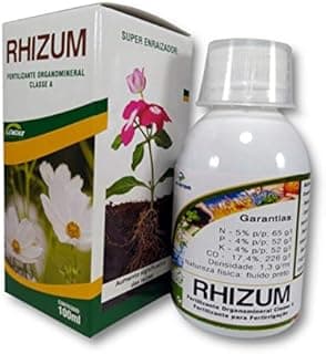 Rhizum Fertilizante Organomineral Enraizador 100 ml, embalagem verde e amarela com imagem de planta.